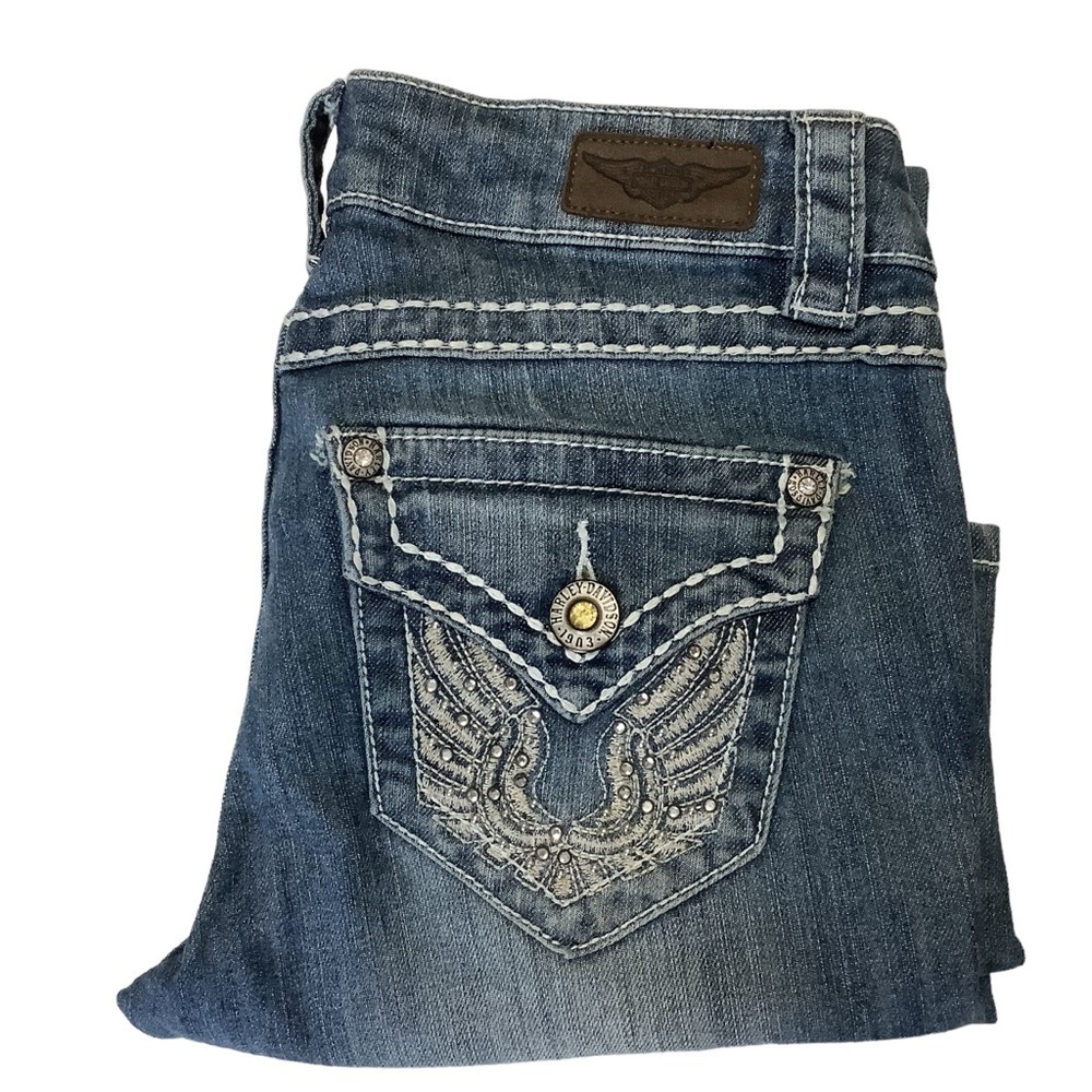 HARLEY DAVIDSON Rhinestone Wing Distressed Boot Cut Jeans Size 2P